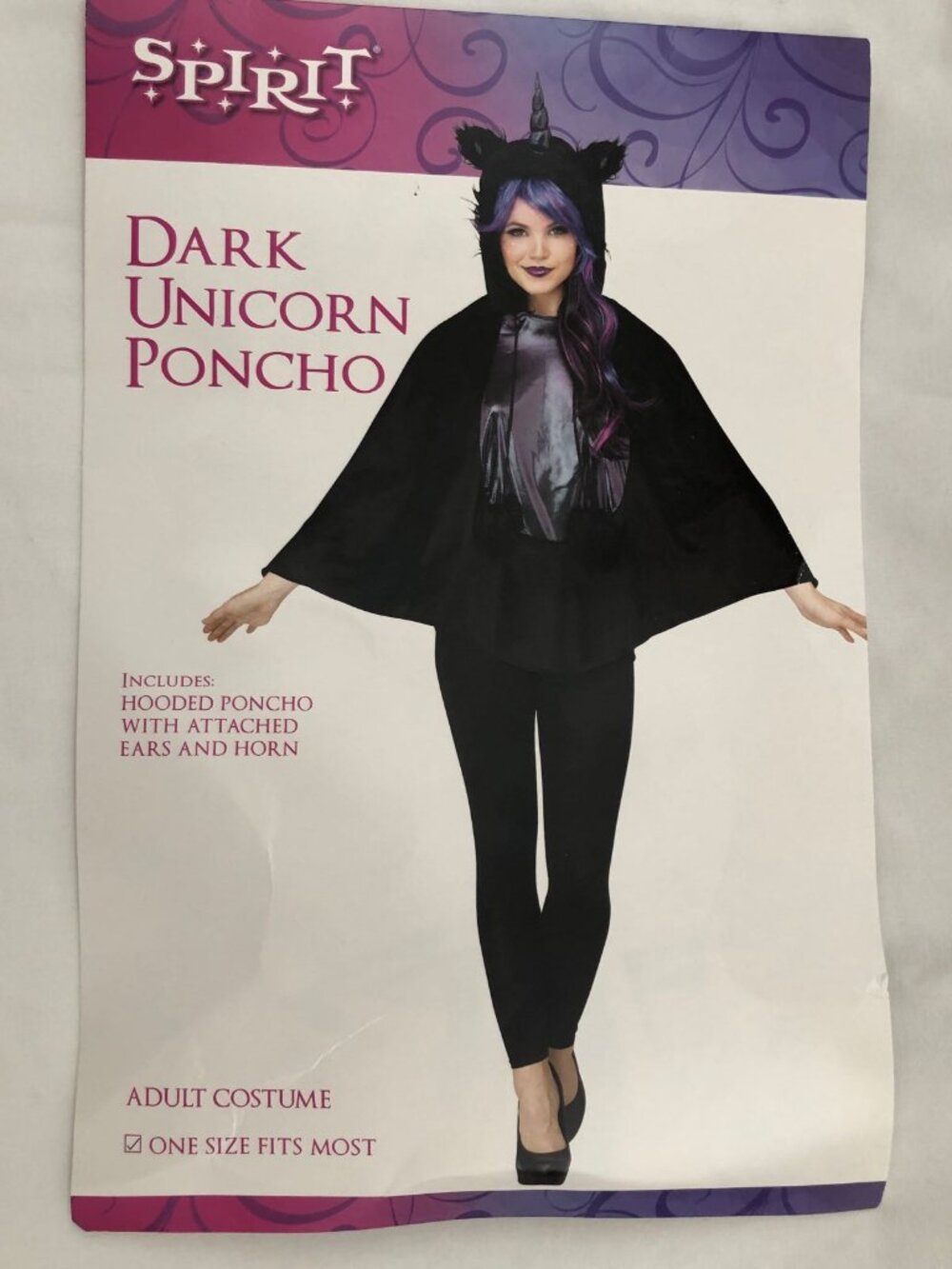 Spirit Halloween Dark Unicorn Hooded Poncho with Ears and Horns NWT